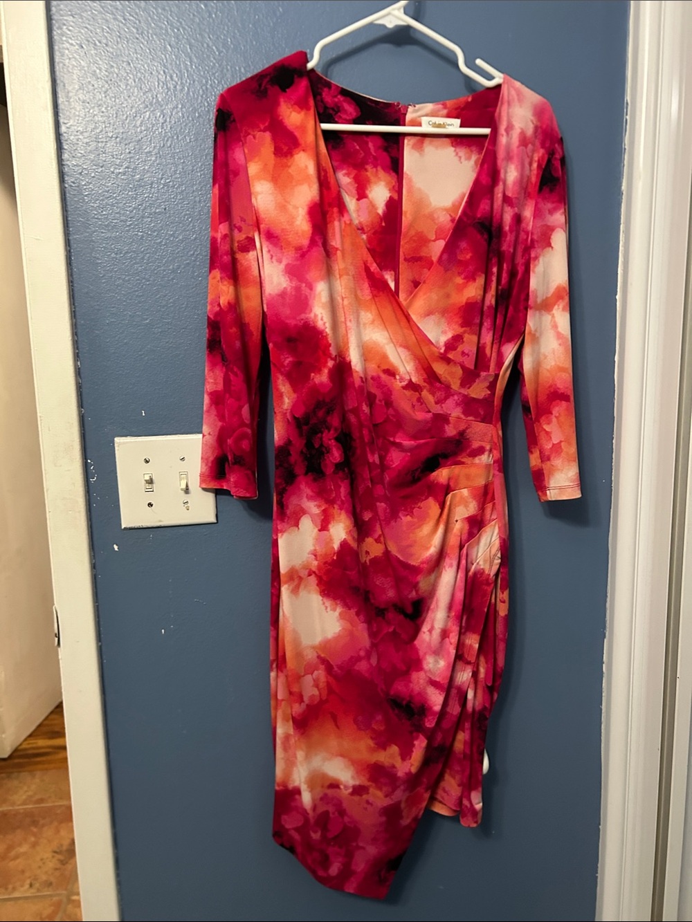 Calvin Klein Long-Sleeve Pink & Orange Watercolor Wrap Dress